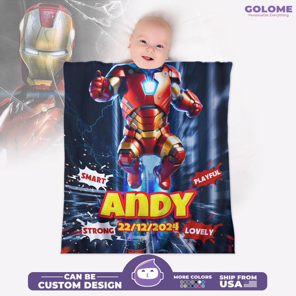 Personalized Iron Baby Blanket – Superhero Style for Your Little Star | Custom Name & Birthdate